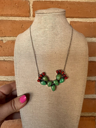 Handmade Sterling Silver, Coral & Dyed Kingman Turquoise Cactus Necklace