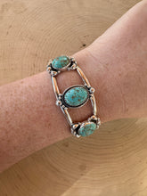 Load image into Gallery viewer, Nizhoni Handmade Sterling Silver &amp; Number 8 Turquoise 3 Stone Adjustable Cuff Bracelet