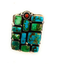 Load image into Gallery viewer, Navajo Sonoran Mountain Turquoise, Coral &amp; Sterling Silver Adjustable Cluster Ring