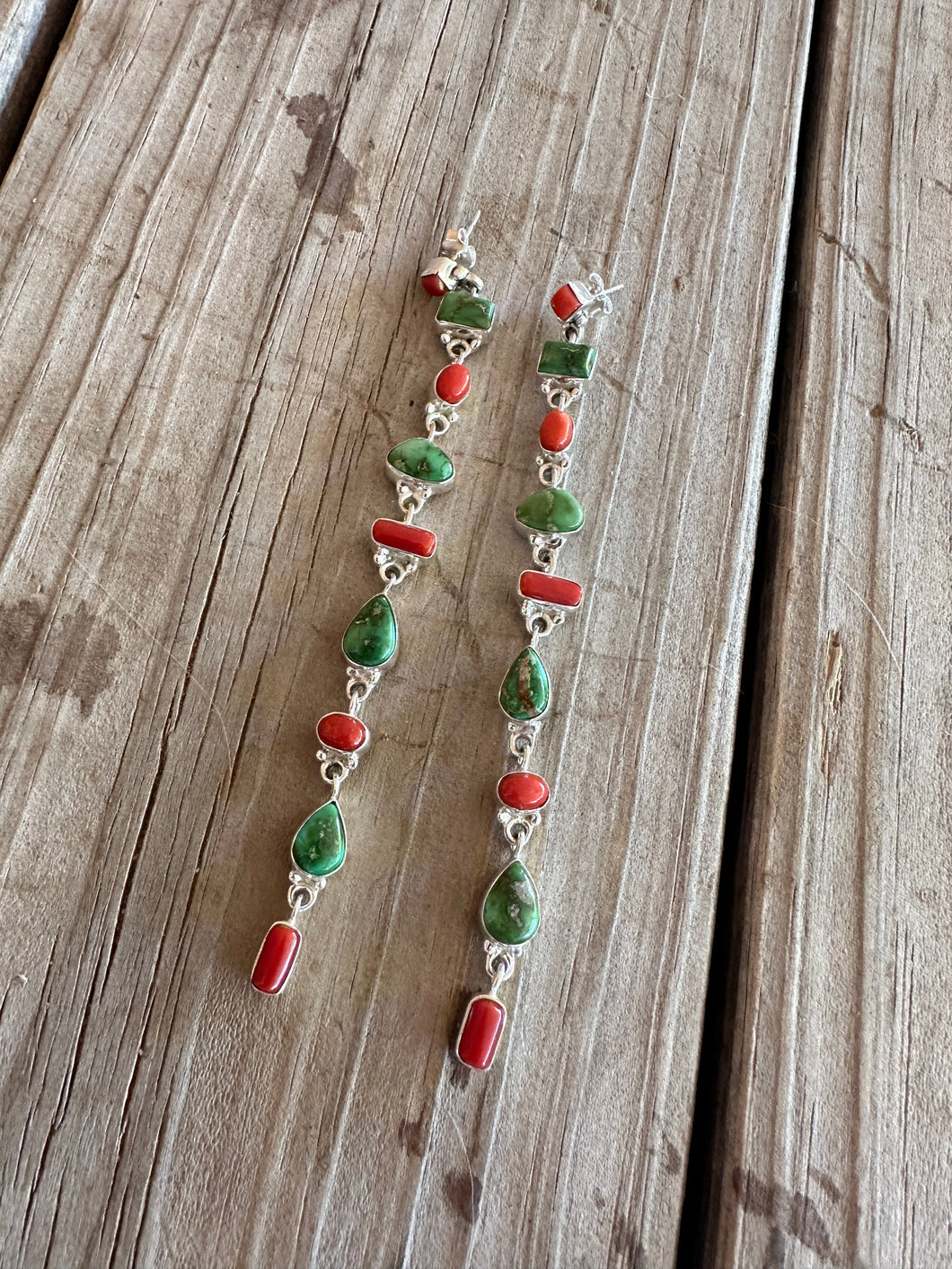 Honky Tonk Christmas Handmade Sonoran Turquoise, Coral and Sterling Silver Dangle Earrings