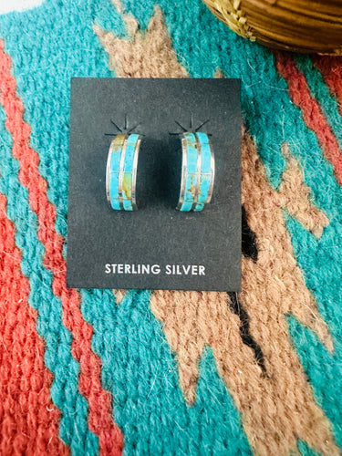 Navajo Sterling Silver & Turquoise Inlay Hoop Earrings