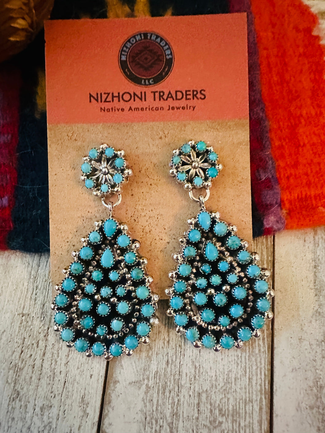 Navajo Turquoise & Sterling Silver Cluster Dangle Earrings