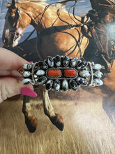 Load image into Gallery viewer, SALE *AUTHENTIC* Handmade Sterling Silver, White Buffalo &amp; Coral Adjustable Cuff Bracelet (Copy)