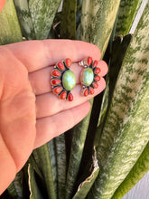 Load image into Gallery viewer, Handmade Sonoran Mountain Turquoise, Coral and Sterling Silver Crescent Post Earrings