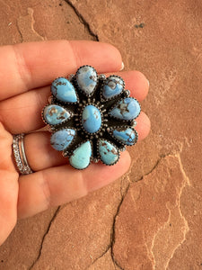 Beautiful Handmade Golden Hills Turquoise And Sterling Silver Adjustable Cluster Flower Ring