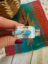 Load image into Gallery viewer, Navajo Hand Stamped Sterling Silver &amp; Turquoise Cuff Bracelet by Benson Shorty