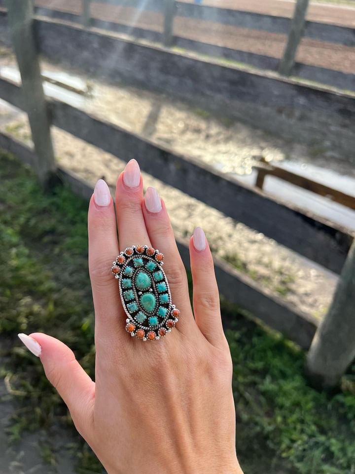 Beautiful Sterling Silver, Turquoise & Spiny Adjustable Ring