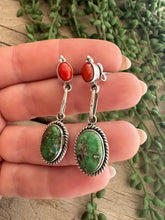 Load image into Gallery viewer, Handmade 2 Stone Sonoran Turquoise, Coral and Sterling Silver Dangle Earrings