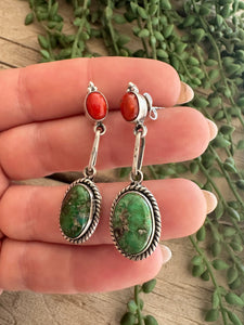 Handmade 2 Stone Sonoran Turquoise, Coral and Sterling Silver Dangle Earrings