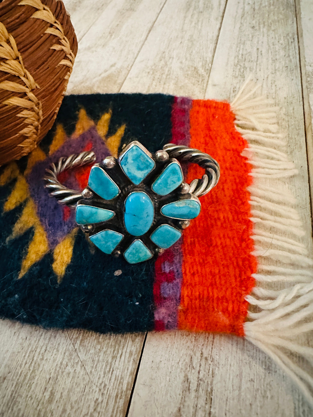 Navajo Kingman Turquoise & Sterling Silver Cluster Cuff Bracelet