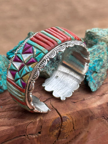 Handmade Sterling Silver Multi Stone Corn Row Inlay Cuff Bracelet