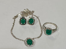 Load image into Gallery viewer, Colombian Emerald Necklace, Earrings and Ring Set in Sterling Silver dangles 1ct