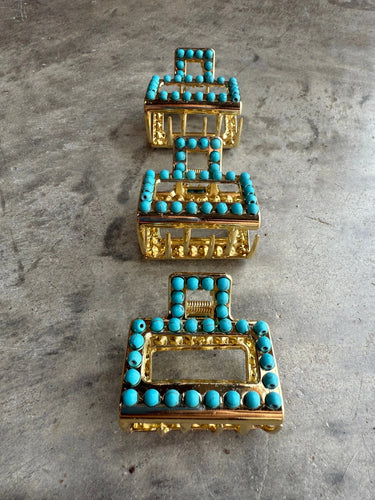 *PRE-ORDER* Mini Square Turquoise Claw Hair Clip (Gold)