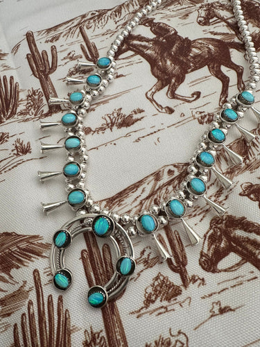 Handmade Sterling Silver Blue Opal Squash Blossom Necklace Signed Nizhoni