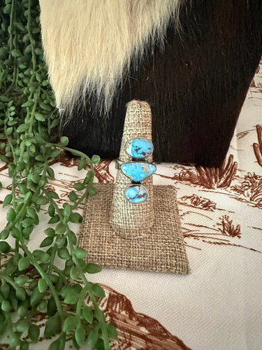 Handmade Sterling Silver & Natural Golden Hills Turquoise Adjustable Ring Signed Nizhoni