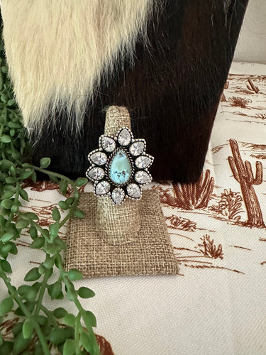 Handmade Sterling Silver, Cz & Natural Golden Hills Turquoise Adjustable Ring Signed Nizhoni