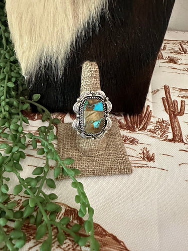 Handmade Sterling Silver & Natural Royston Turquoise Adjustable Ring Signed Nizhoni