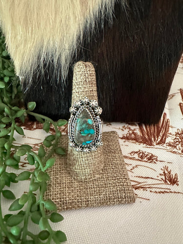 Handmade Sterling Silver & Natural Royston Turquoise Adjustable Ring Signed Nizhoni
