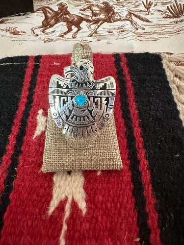 Navajo Sterling Silver & Single Stone Turquoise Thunderbird Adjustable Ring Signed Richard Singer