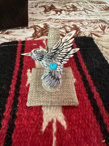 Navajo Sterling Silver & Single Stone Turquoise Hummingbird Adjustable Ring Signed Richard Singer