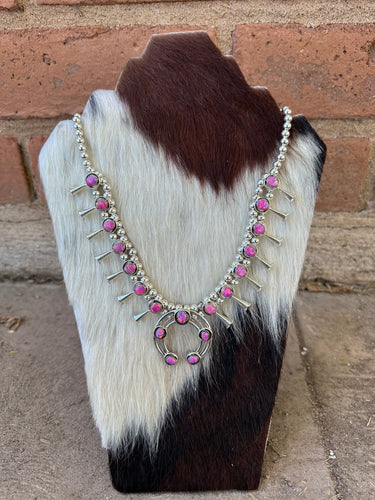 Handmade Sterling Silver Pink Opal Squash Blossom Necklace Signed Nizhoni