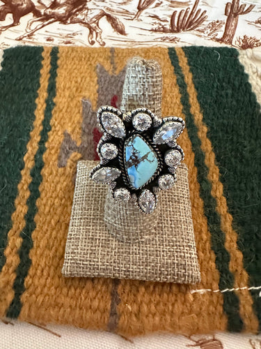 Handmade Sterling Silver, Cz & Natural Golden Hills Turquoise Adjustable Ring Signed Nizhoni