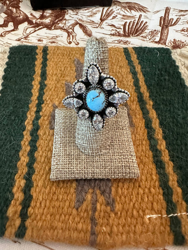 Handmade Sterling Silver, Cz & Natural Golden Hills Turquoise Adjustable Ring Signed Nizhoni