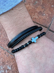 Black Onyx Beaded Triple Wrap leather and Cross Bracelet