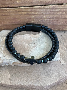 Black Onyx Beaded Triple Wrap leather and Cross Bracelet