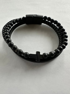 Black Onyx Beaded Triple Wrap leather and Cross Bracelet