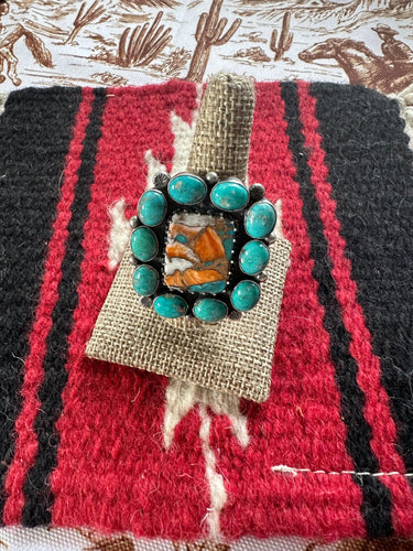 Jacqueline Silver Turquoise, Orange Dream Mojave & Sterling Silver Ring Size 9.5 Signed