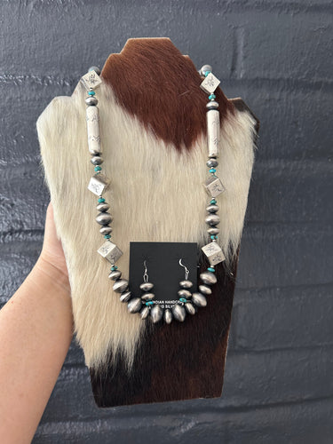 Navajo Sterling Silver & Turquoise Beaded Necklace & Earring Set