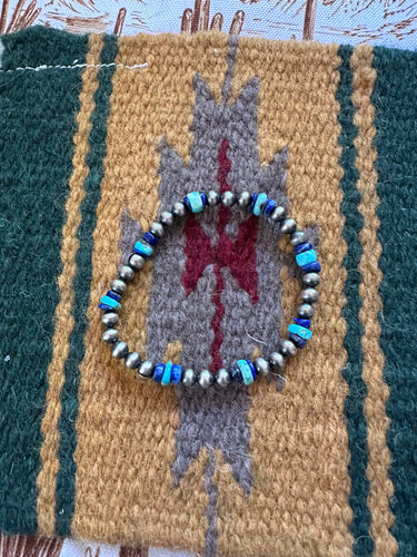 Handmade Turquoise, Lapis & Sterling Silver Beaded Stretch Bracelet