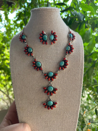 Hand Made Sterling Silver Turquoise & Coral Necklace Earring Set Signed Nizhoni