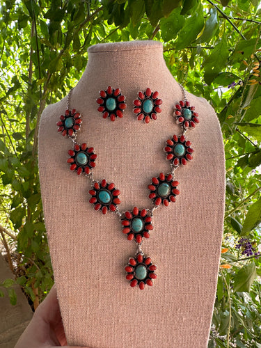 Hand Made Sterling Silver Turquoise & Coral Necklace Earring Set Signed Nizhoni