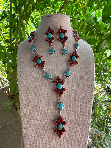 Hand Made Sterling Silver Turquoise & Coral Necklace Earring Set Signed Nizhoni