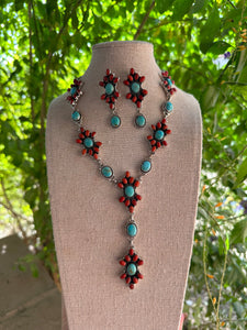 Hand Made Sterling Silver Turquoise & Coral Necklace Earring Set Signed Nizhoni