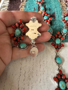 Hand Made Sterling Silver Turquoise & Coral Necklace Earring Set Signed Nizhoni