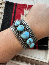 Load image into Gallery viewer, Navajo Golden Hills Turquoise &amp; Sterling Silver Cuff Bracelet Signed