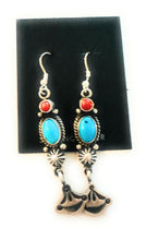 Load image into Gallery viewer, Navajo Turquoise, Coral and Sterling Silver Dangle Earrings