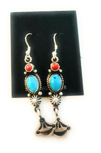 Navajo Turquoise, Coral and Sterling Silver Dangle Earrings