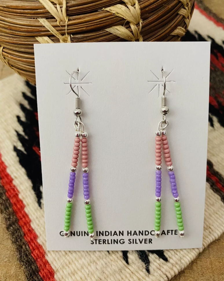 Navajo Handmade Multicolor Beaded Dangle Earrings