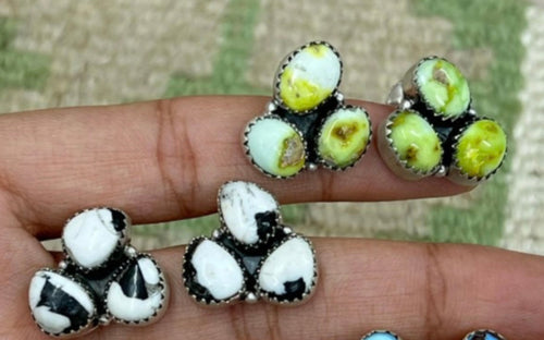 *AUTHENTIC* Handmade Sterling Silver Multi Stone Post Earrings with Signed Nizhoni 