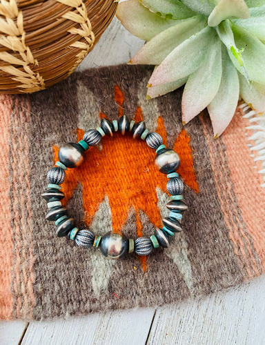 *AUTHENTIC* Handmade Turquoise & Sterling Silver Beaded Stretch Bracelet