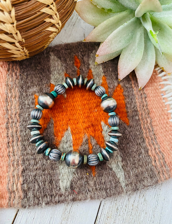 *AUTHENTIC* Handmade Turquoise & Sterling Silver Beaded Stretch Bracelet