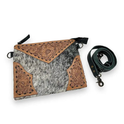 Peppered Cowhide Tooled Crossbody