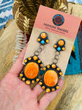 Load image into Gallery viewer, Navajo Sterling Silver, Orange Spiny &amp; Turquoise Dangle Earrings