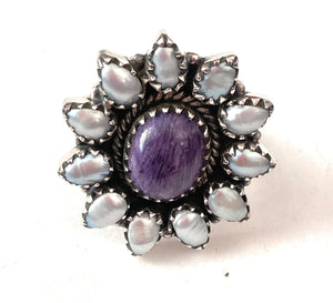 Handmade Sterling Silver, Charoite & Pearl Cluster Adjustable Ring