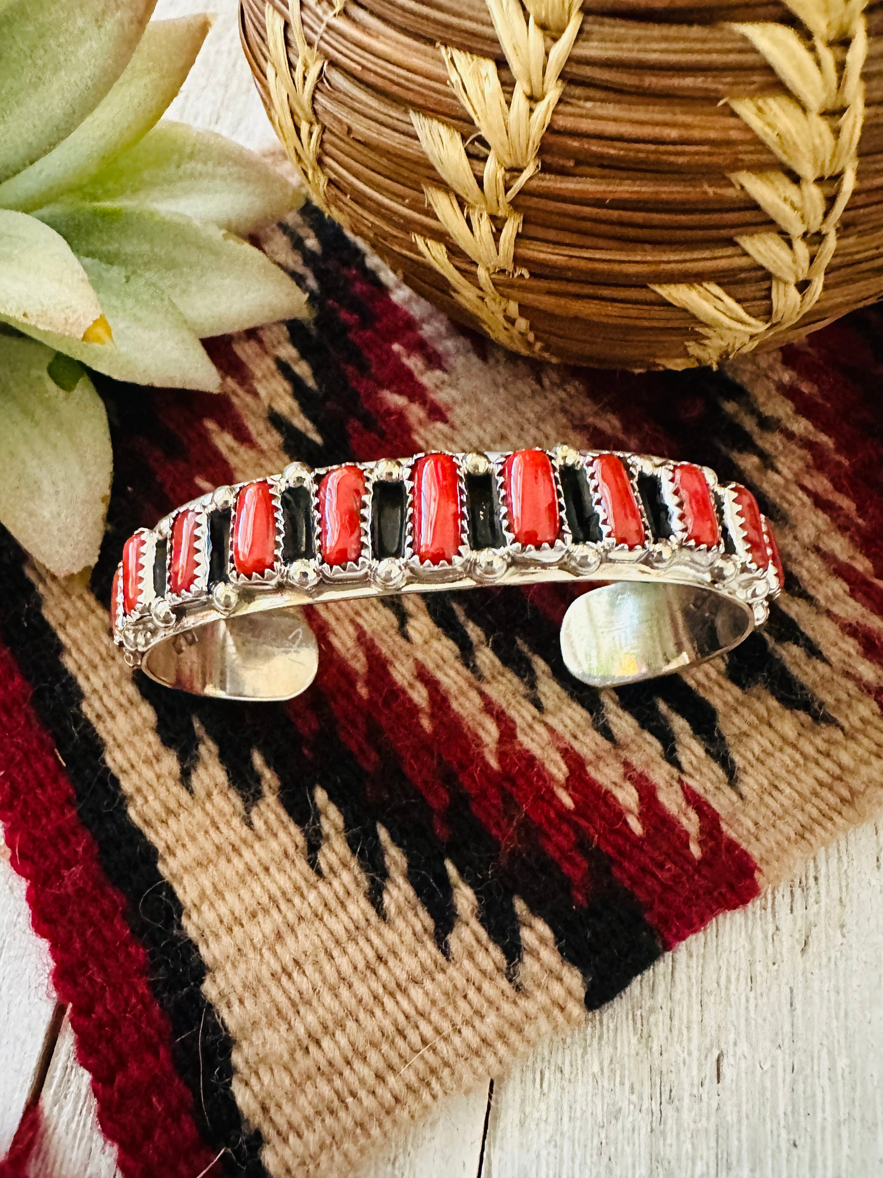 Red coral and hot sale silver cuff bracelets