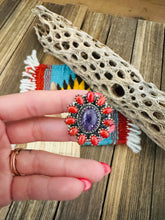 Load image into Gallery viewer, Handmade Sterling Silver, Charoite &amp; Coral Cluster Adjustable Ring